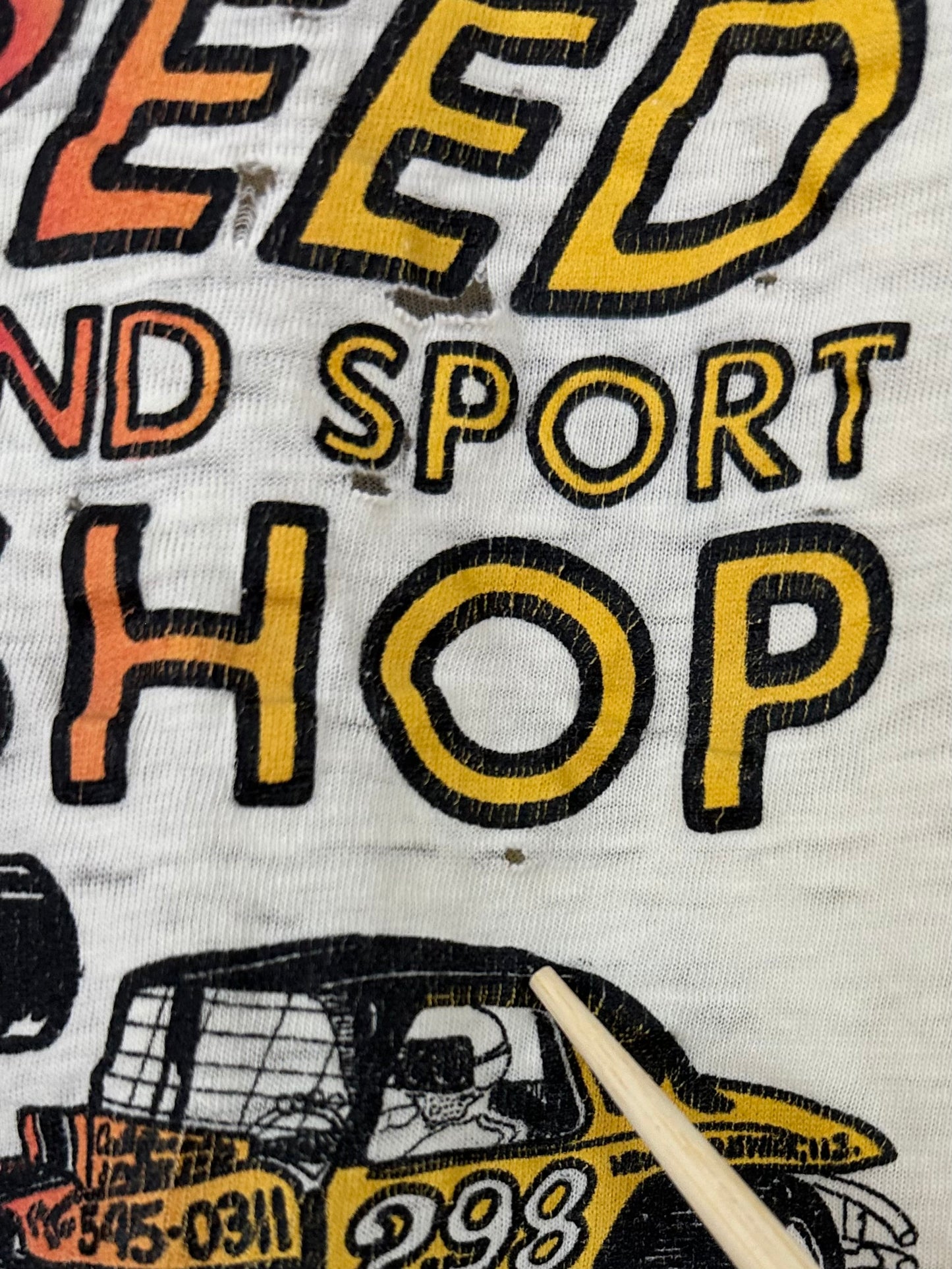 Vintage 60s 1960s CALIFORNIA SPEED and SPORT SHOP T-Shirt Hot Rod Drag Racing Thrashed Distressed Off White Mens Small S
