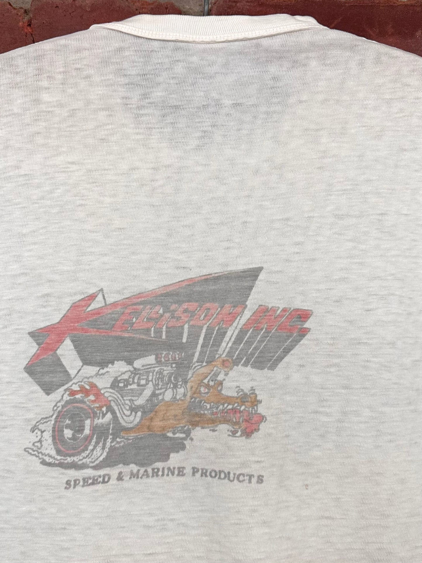 Vintage 60s 1960s KELLISON INC Speed & Marine Products T-Shirt Fiberglass Body Kit Car Hot Rod Drag Racing Speed Shop Mechanic Faded Paper Thin White Hanes Mens Small S 17.25"W 25.25"L