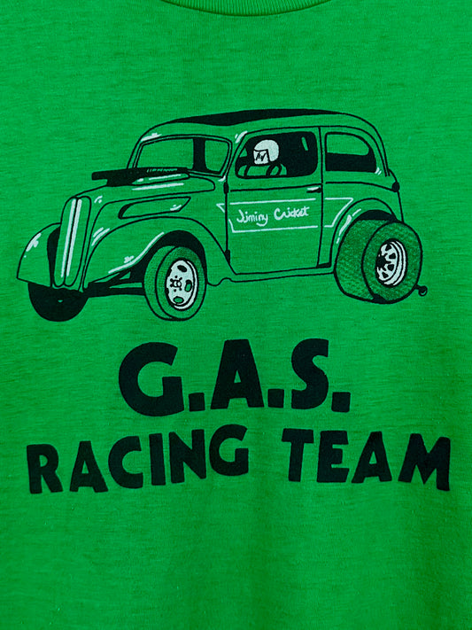 Vintage 70s 1970s JIMINY CRICKET G.A.S. Drag Racing Team T-Shirt Gasser Hot Rod Automotive Auto Green Hanes Mens Small S