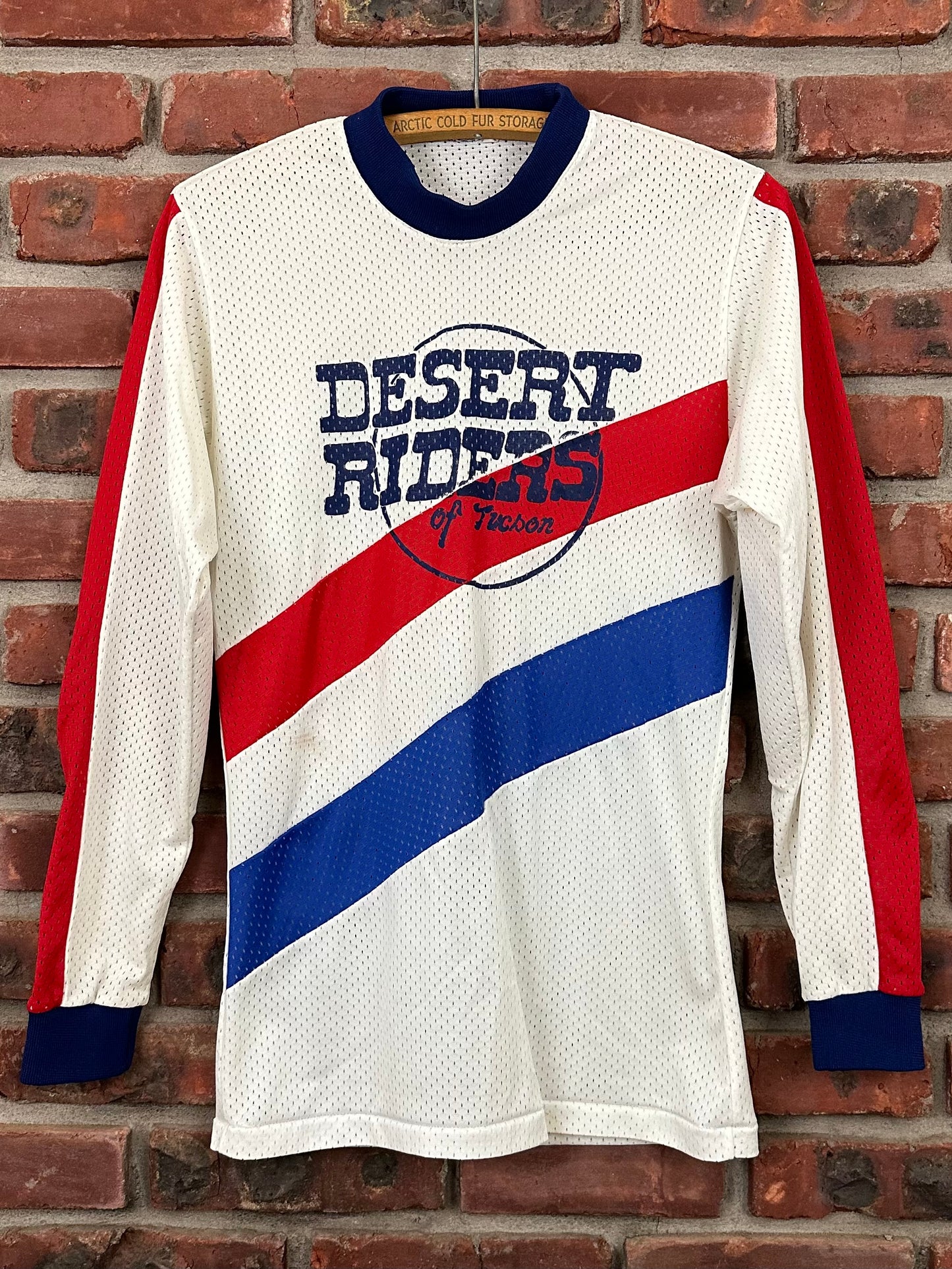 Vintage 70s 80s 1970s 1980s DESERT RIDERS of Tucson Arizona Motocross Jersey Nylon Mesh Long Sleeve T-Shirt White Striped Mens Small S