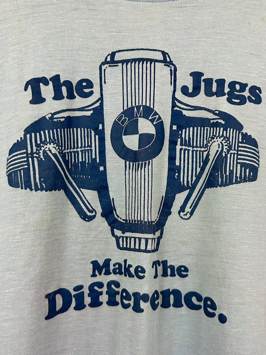 Vintage 70s 1970s BMW Motorcycles Dealer T-Shirt “The Jugs Make The Difference” Four Seasons Medina Ohio Blue Mens S 18.5X24.75