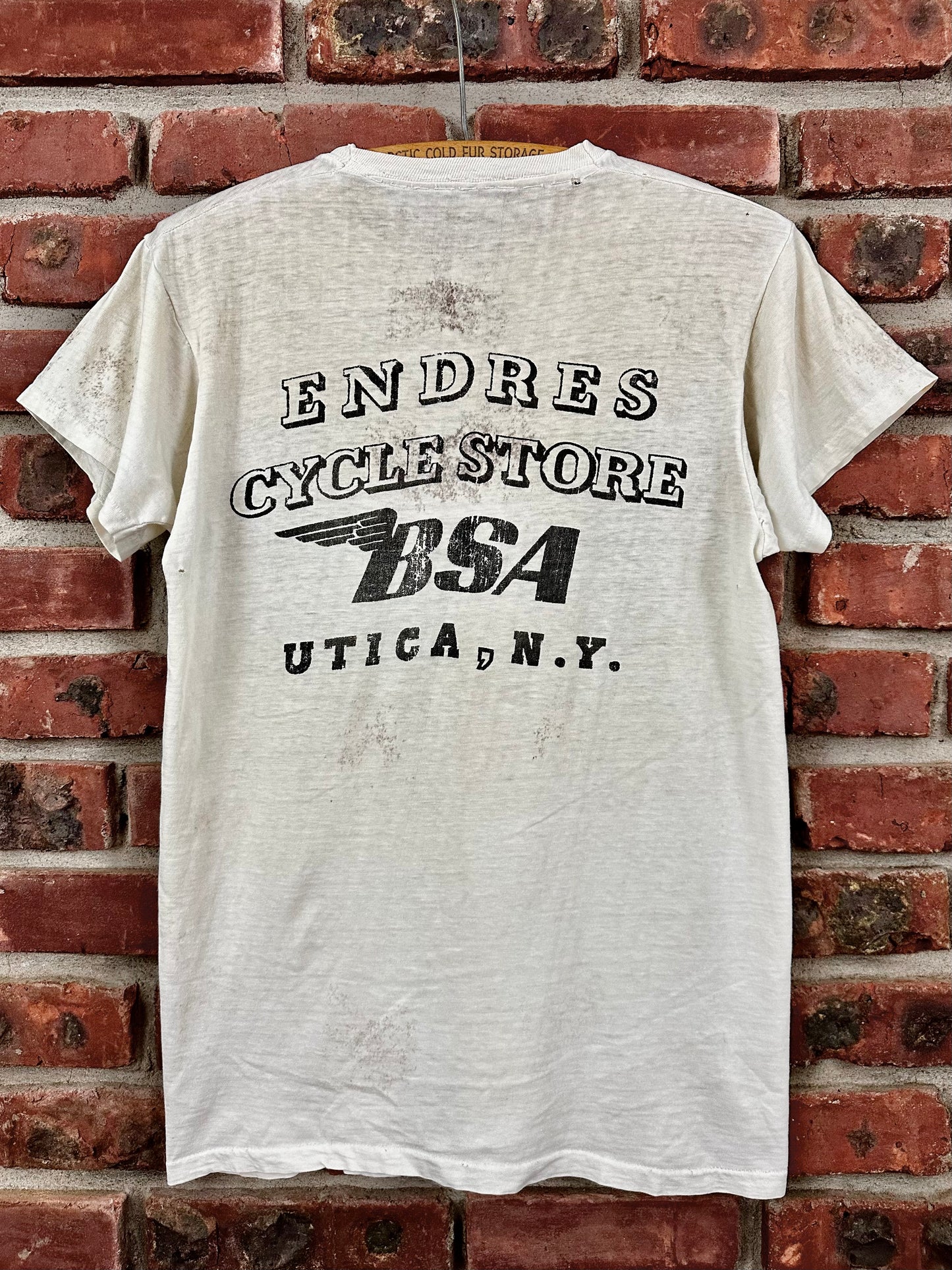 Vintage 60s 1960s BSA Motorcycles Dealer T-Shirt Endres Cycle Store Utica New York White Mens Small Medium S M 18x25.5