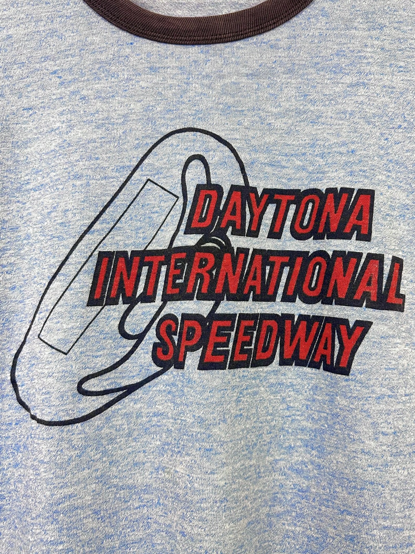 Vintage 80s 1980s DAYTONA INTERNATIONAL SPEEDWAY Ringer T-Shirt Rayon Blend Heather Blue Sportswear Label Mens Small S