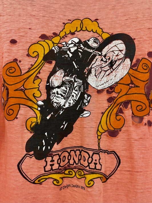 Vintage 70s 1970s 1975 HONDA Motorcycles T-Shirt Biker Thrashed Distressed Paper Thin Burnout Salmon Pink Mens L Large