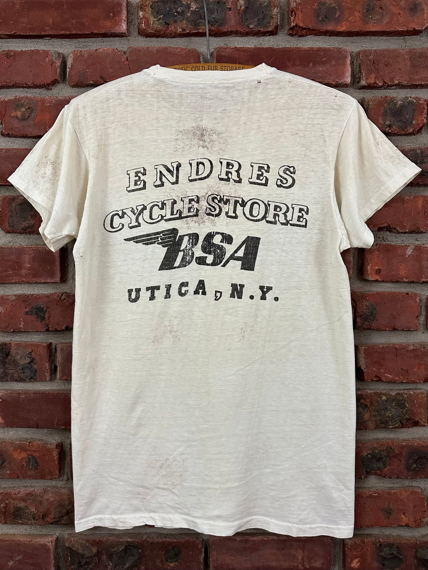 Vintage 60s 1960s BSA Motorcycles Dealer T-Shirt Endres Cycle Store Utica New York White Mens Small Medium S M 18x25.5