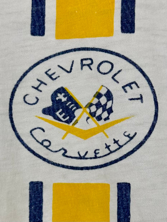 Vintage 60s 1960s CHEVROLET CORVETTE Racing Stripe T-Shirt Automotive Auto Car Thin Soft White Velva Sheen Mens Medium M