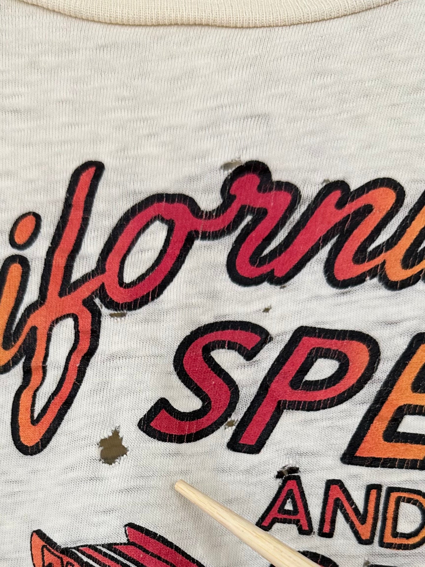 Vintage 60s 1960s CALIFORNIA SPEED and SPORT SHOP T-Shirt Hot Rod Drag Racing Thrashed Distressed Off White Mens Small S