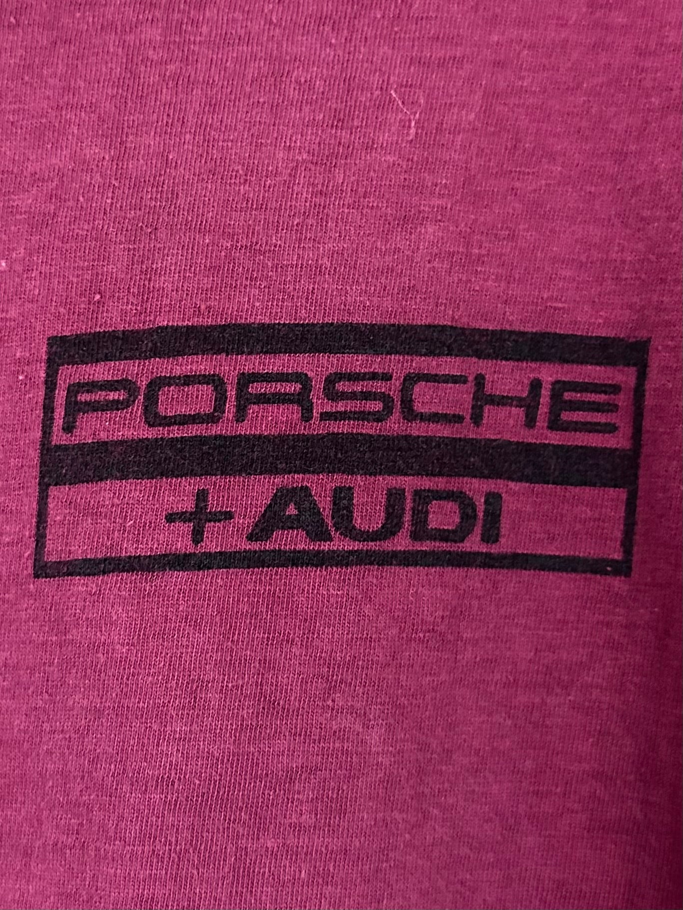 Vintage 70s 1970s PORSCHE AUDI Canadian Dealer T-Shirt Westminster Canada German Car Dealership European Automotive Auto Mechanic Faded Burgundy Red Tiger Label Mens S Small