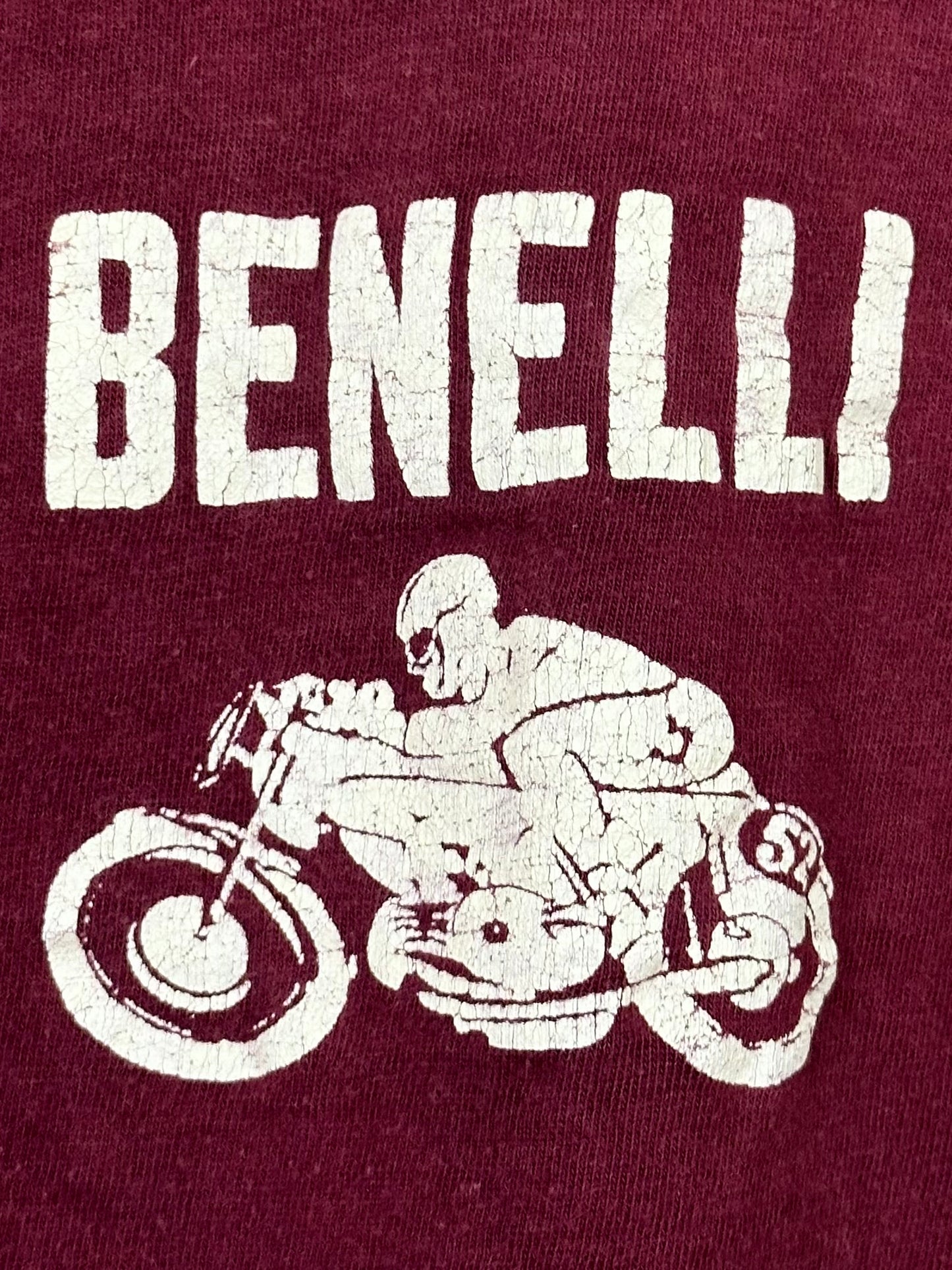 Vintage 50s 1950s BENELLI Motorcycles Dealer Promo Pocket T-Shirt Soft Faded Burgundy Red Victoria Products Mens Extra Small XS