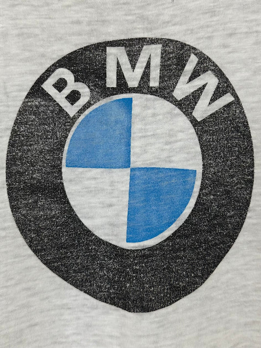 Vintage 70s 1970s BMW Roundel Logo Ringer T-Shirt Automotive Motorcycle Faded Thrashed Paper Thin Burnout White Mens Large L 20.25W X 27.25” L