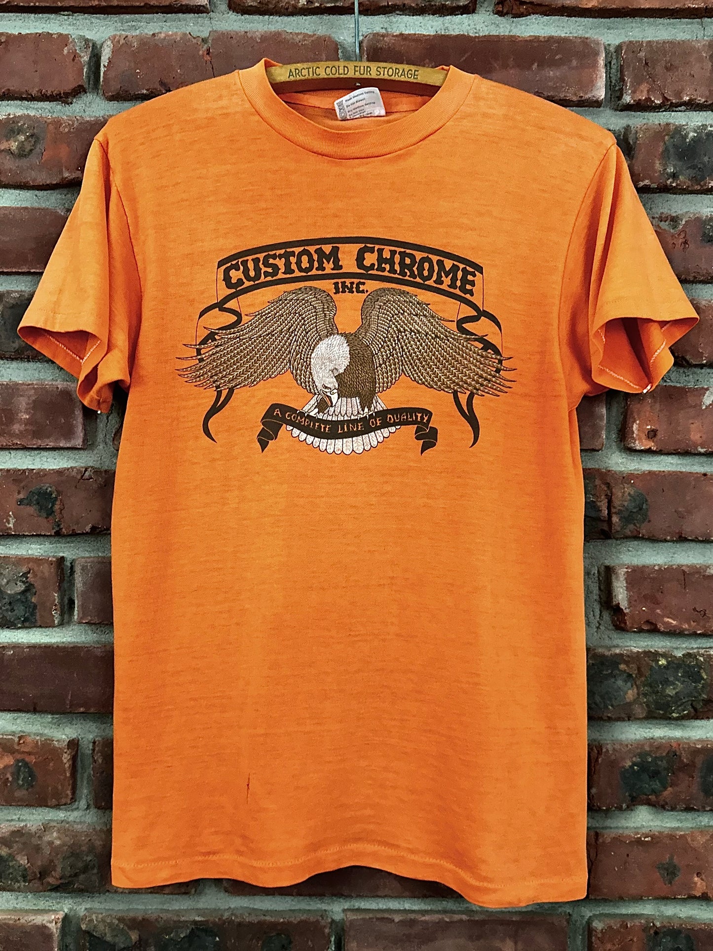 Vintage 80s 1980s CUSTOM CHROME INC Motorcycle Dealer T-Shirt Speed Shop Accessories Orange Hanes Mens Small S