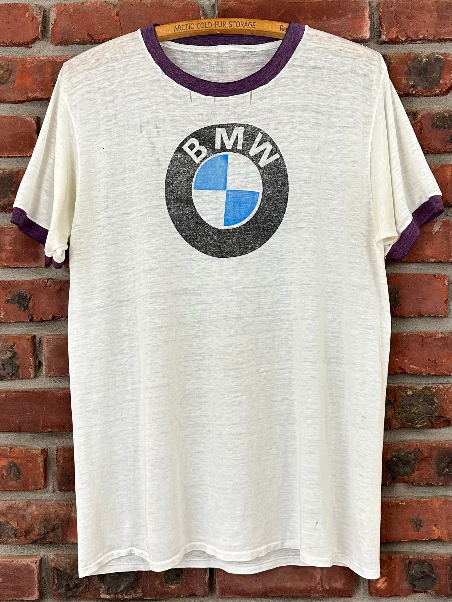 Vintage 70s 1970s BMW Roundel Logo Ringer T-Shirt Automotive Motorcycle Faded Thrashed Paper Thin Burnout White Mens Large L 20.25W X 27.25” L