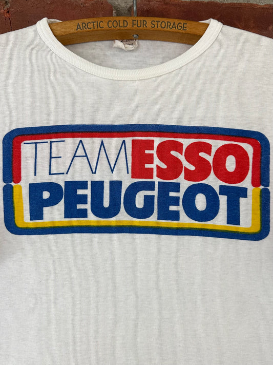 Vintage 70s 1970s 1978 TEAM ESSO PEUGEOT Rally Auto Racing Ringer T-Shirt European Automotive French Car Made in France All Over Print AOP Pur Coton Peigne Label Mens Small S 17.25x24