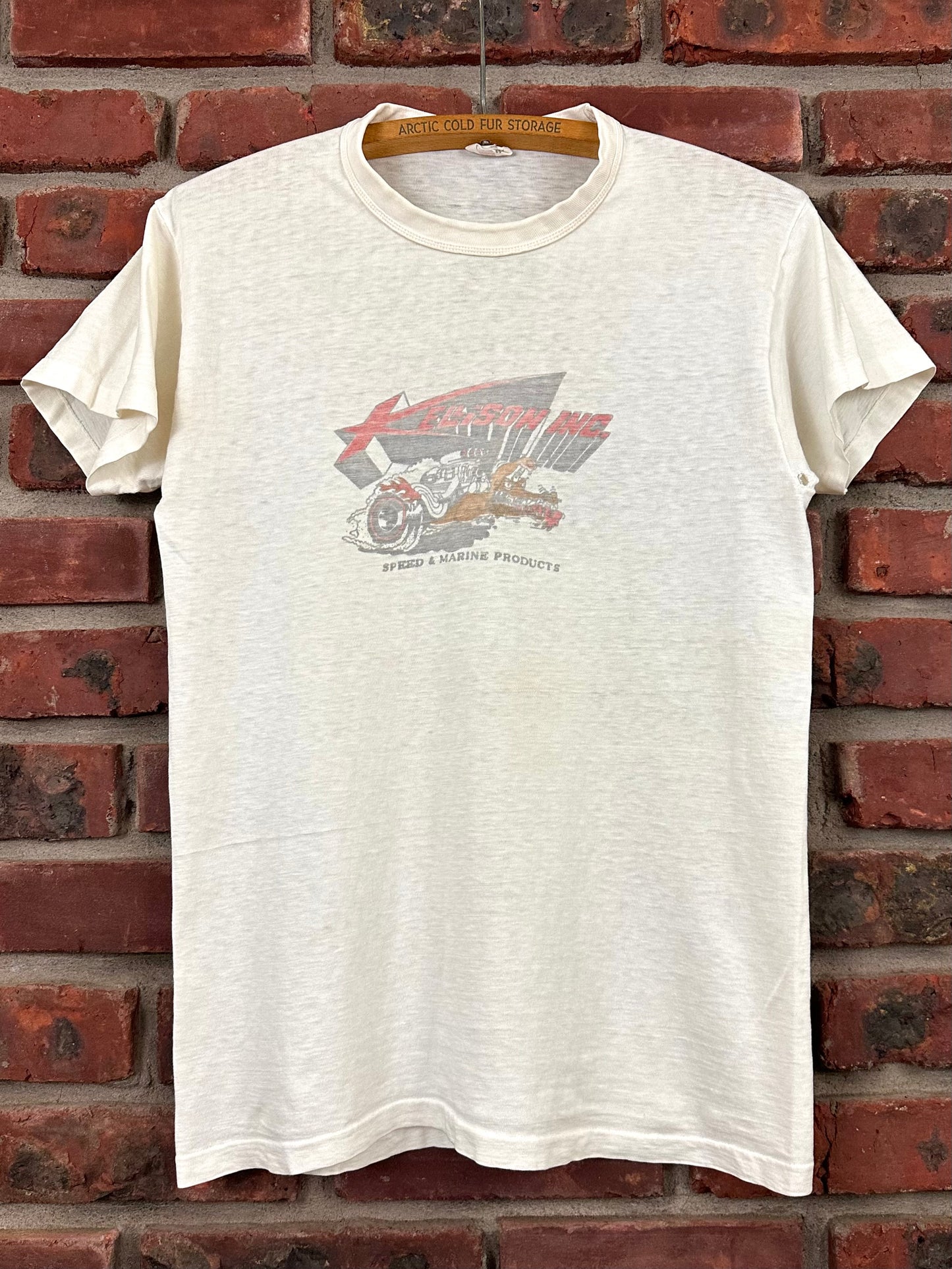 Vintage 60s 1960s KELLISON INC Speed & Marine Products T-Shirt Fiberglass Body Kit Car Hot Rod Drag Racing Speed Shop Mechanic Faded Paper Thin White Hanes Mens Small S 17.25"W 25.25"L