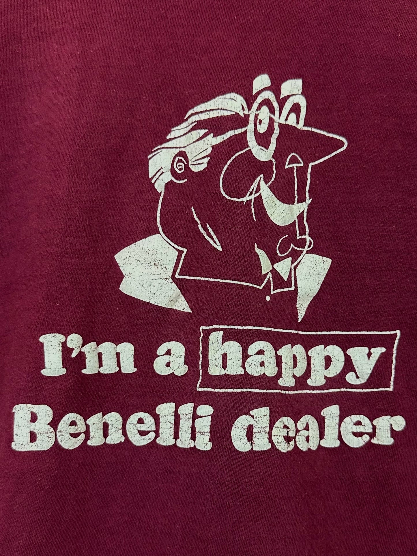 Vintage 50s 1950s BENELLI Motorcycles Dealer Promo Pocket T-Shirt Soft Faded Burgundy Red Victoria Products Mens Extra Small XS