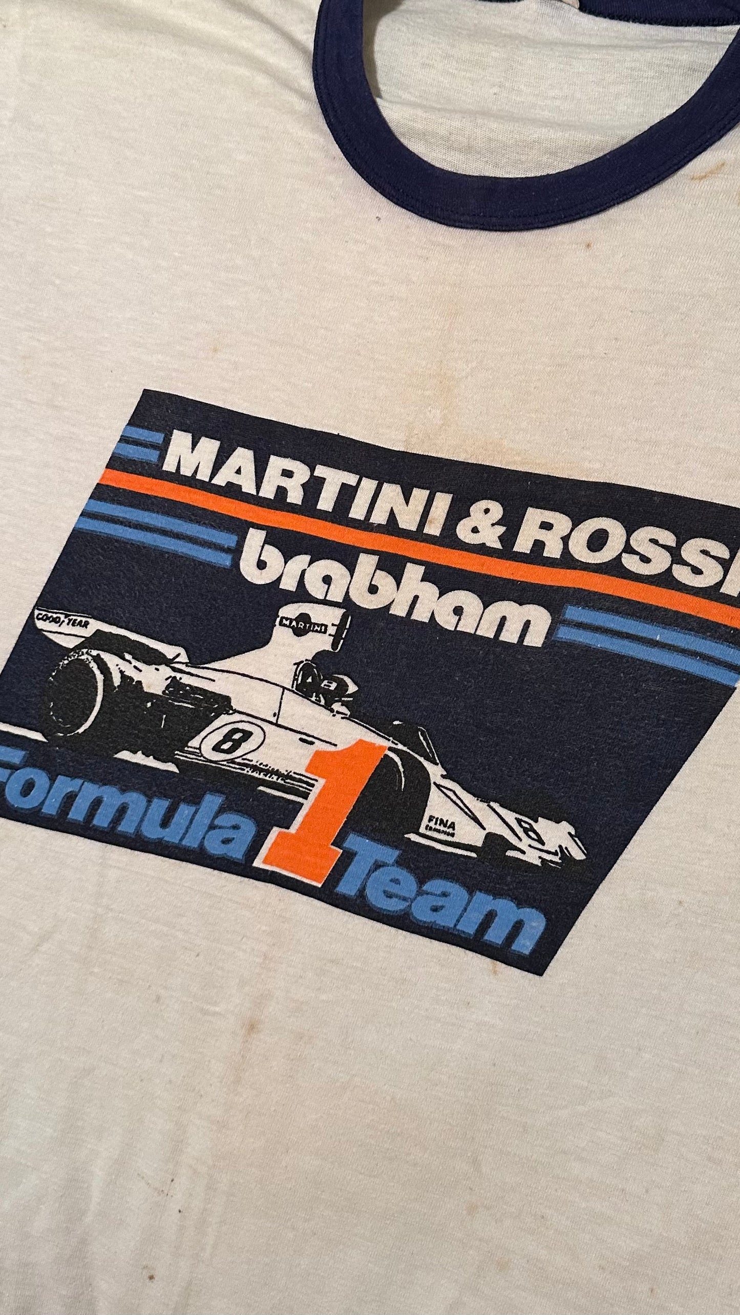 Vintage 70s 1970s MARTINI & ROSSI BRABHAM Formula 1 Team F1 Ringer T SHIRT Formula One BT44B Car Grand Prix Auto Racing Automotive White Hanes Label Mens Large L*******CW