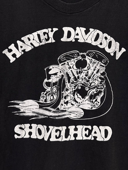 Vintage 70s 1970s HARLEY DAVIDSON Motorcycles Shovelhead Biker T-Shirt Motor Engine Faded Black Mens Extra Small XS