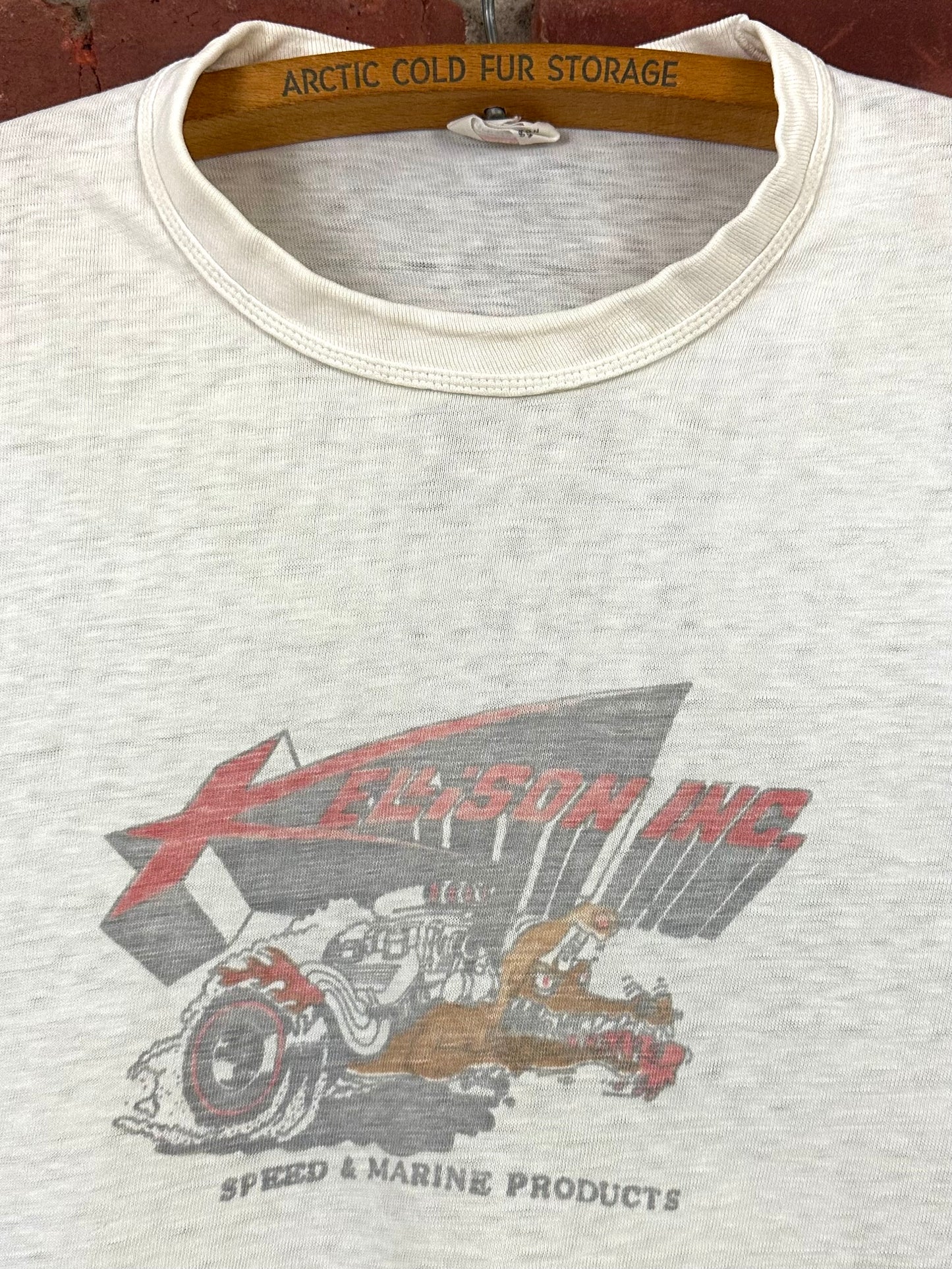 Vintage 60s 1960s KELLISON INC Speed & Marine Products T-Shirt Fiberglass Body Kit Car Hot Rod Drag Racing Speed Shop Mechanic Faded Paper Thin White Hanes Mens Small S 17.25"W 25.25"L