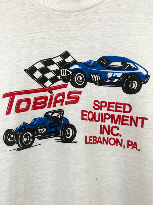 Vintage 70s 1970s TOBIAS SPEED EQUIPMENT INC T-Shirt Lebanon Pennsylvania Auto Racing Speed Shop White Mens Medium M 19x 26.5