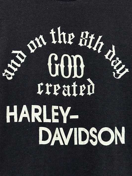 Vintage 70s 1970s HARLEY DAVIDSON Biker Sleeveless T-Shirt Tank Top Motorcycles 8th Day God Created Sports Unlimited Sterling Colorado Dealer Velva Sheen Label Mens Extra Small XS 15x24.75