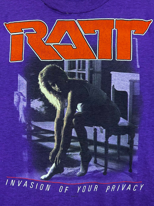 Vintage 80s 1980s 1985 RATT Invasion Of Your Privacy Rock Concert Tour T SHIRT Sleeveless Cut-Off Tank Top Glam Hair Metal Silky Soft Paper Thin Faded Purple Mens Small S*****