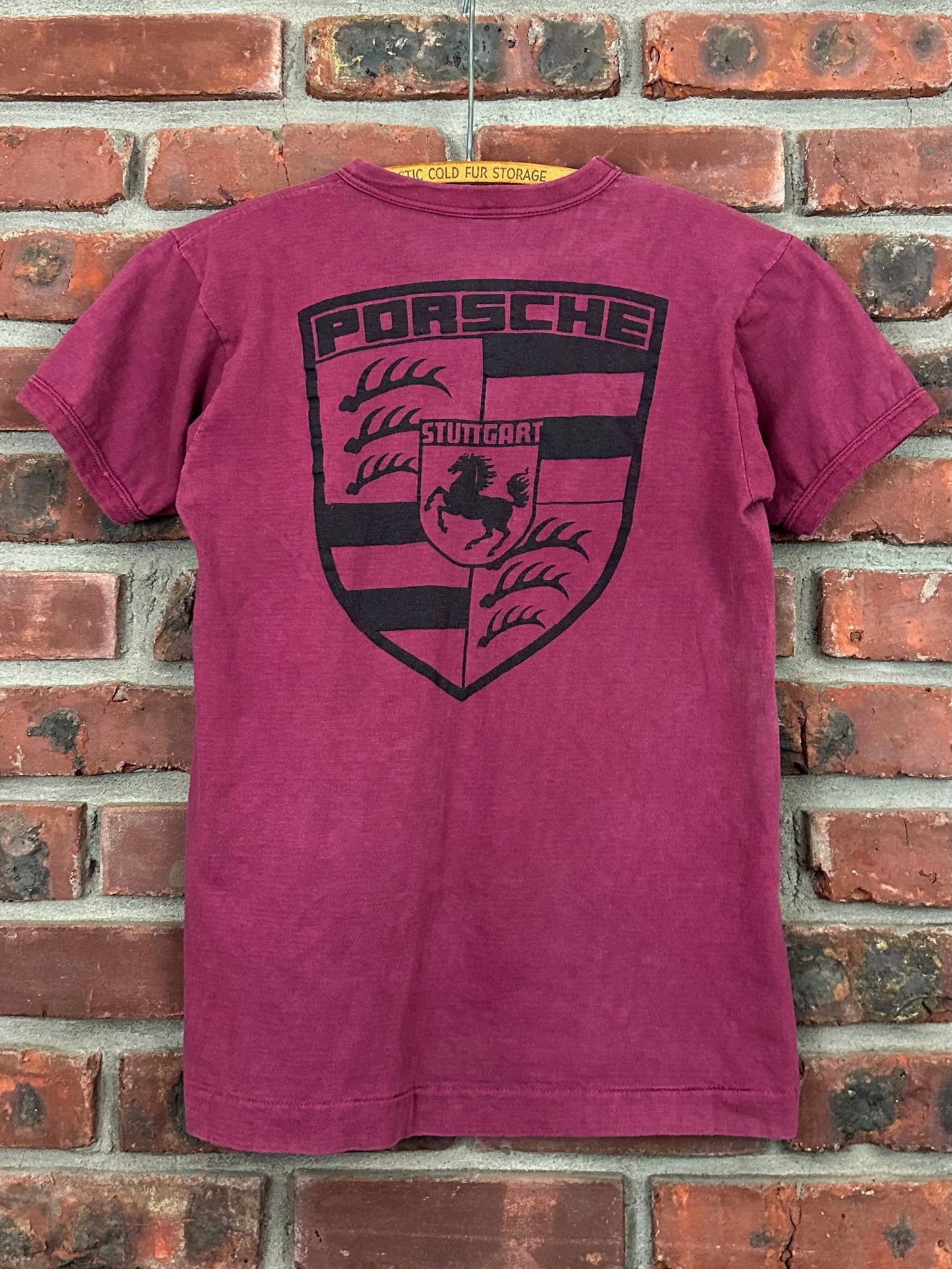 Vintage 70s 1970s PORSCHE AUDI Canadian Dealer T-Shirt Westminster Canada German Car Dealership European Automotive Auto Mechanic Faded Burgundy Red Tiger Label Mens S Small