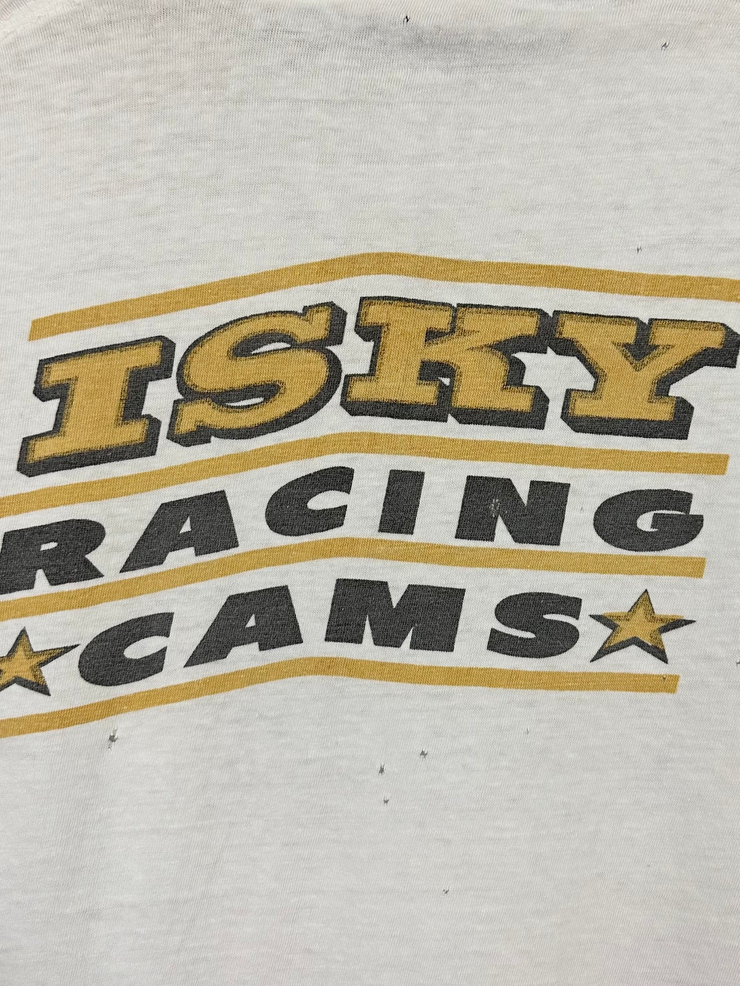 Vintage 60s 1960s 1969 ISKY CAMS Bonneville Nationals Sponsor T-Shirt SCCTA Iskenderian Camshafts Hot Rod Drag Racing Thrashed Distressed White Russell Mens Extra Small XS 18.5"W 22.5"L