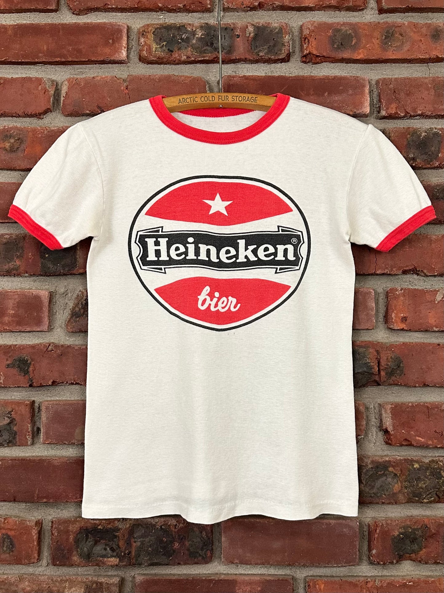 Vintage 70s 1970s HEINEKEN Beer Bier Ringer T-Shirt Dutch Amsterdam Holland Netherlands European Fit White Mens XS Extra Small