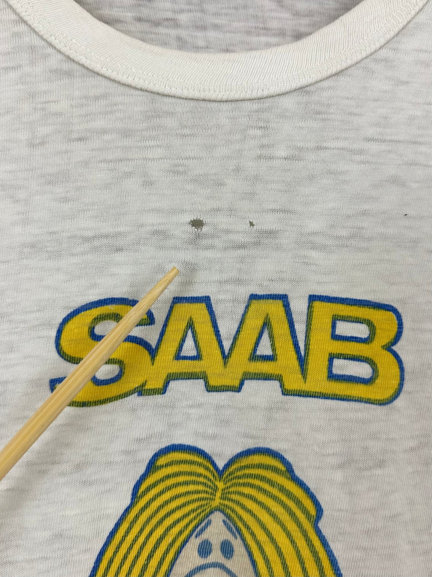 Vintage 70s 1970s SAAB Made In Trollhattan Sweden T-Shirt Swedish Car European Automotive Auto Paper Thin White Mens Medium M