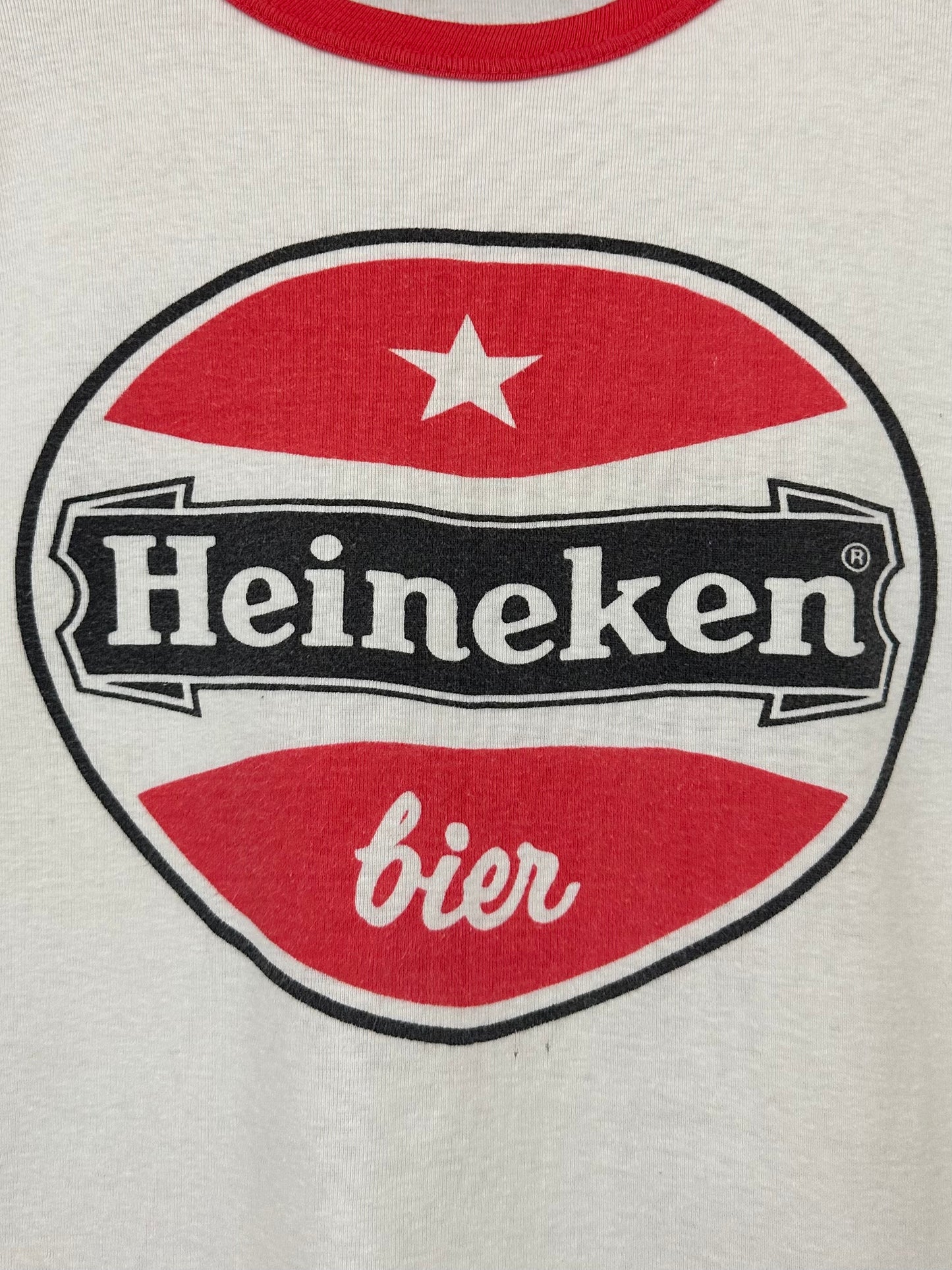 Vintage 70s 1970s HEINEKEN Beer Bier Ringer T-Shirt Dutch Amsterdam Holland Netherlands European Fit White Mens XS Extra Small