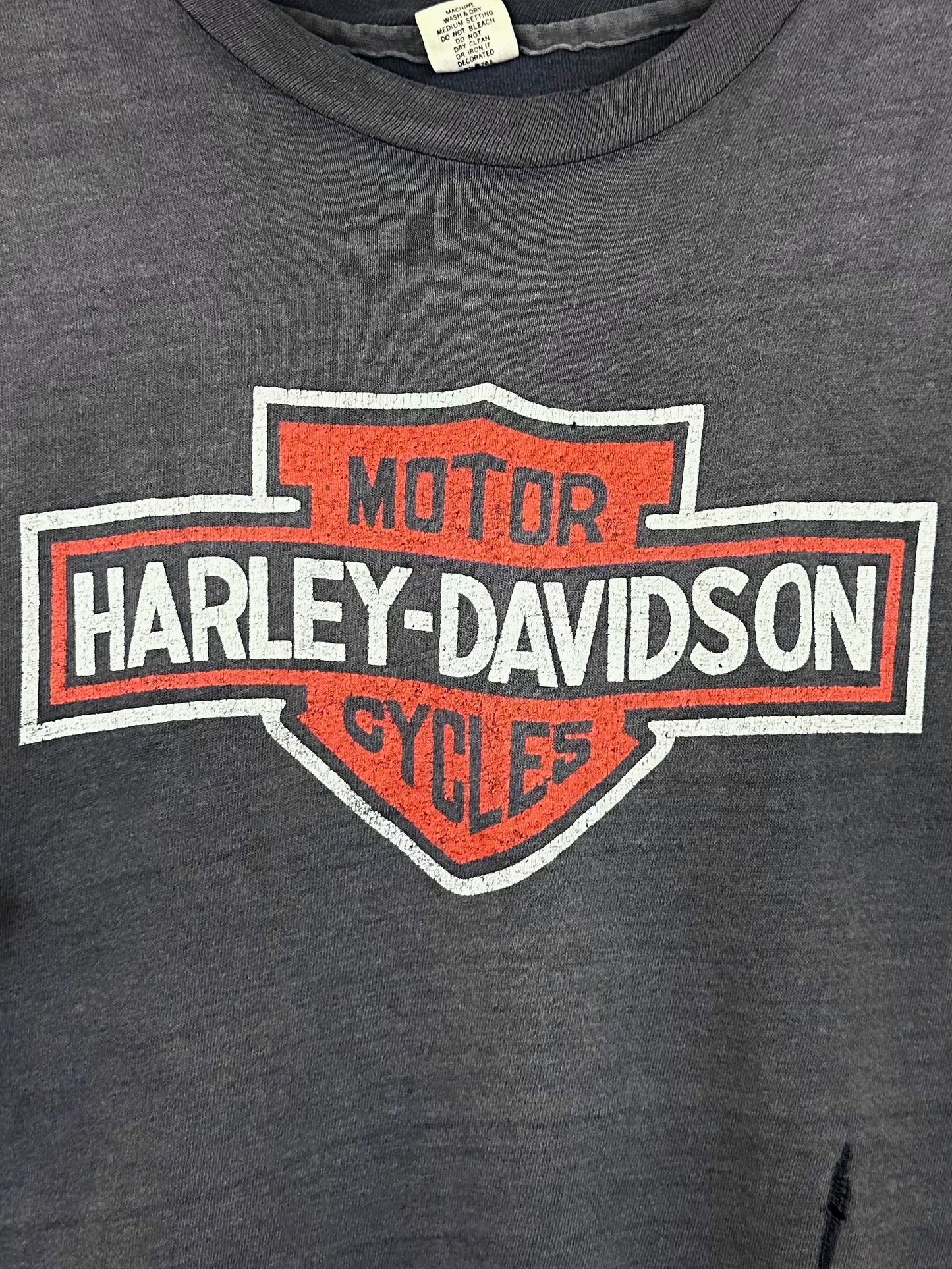 Vintage 70s 1970s HARLEY DAVIDSON Motorcycles Bar and Shield Sleeveless Cut-Off T-Shirt Biker Tank Top Alabama Dealer Distressed Black Hanes Label Mens Medium M 18.5x26.25