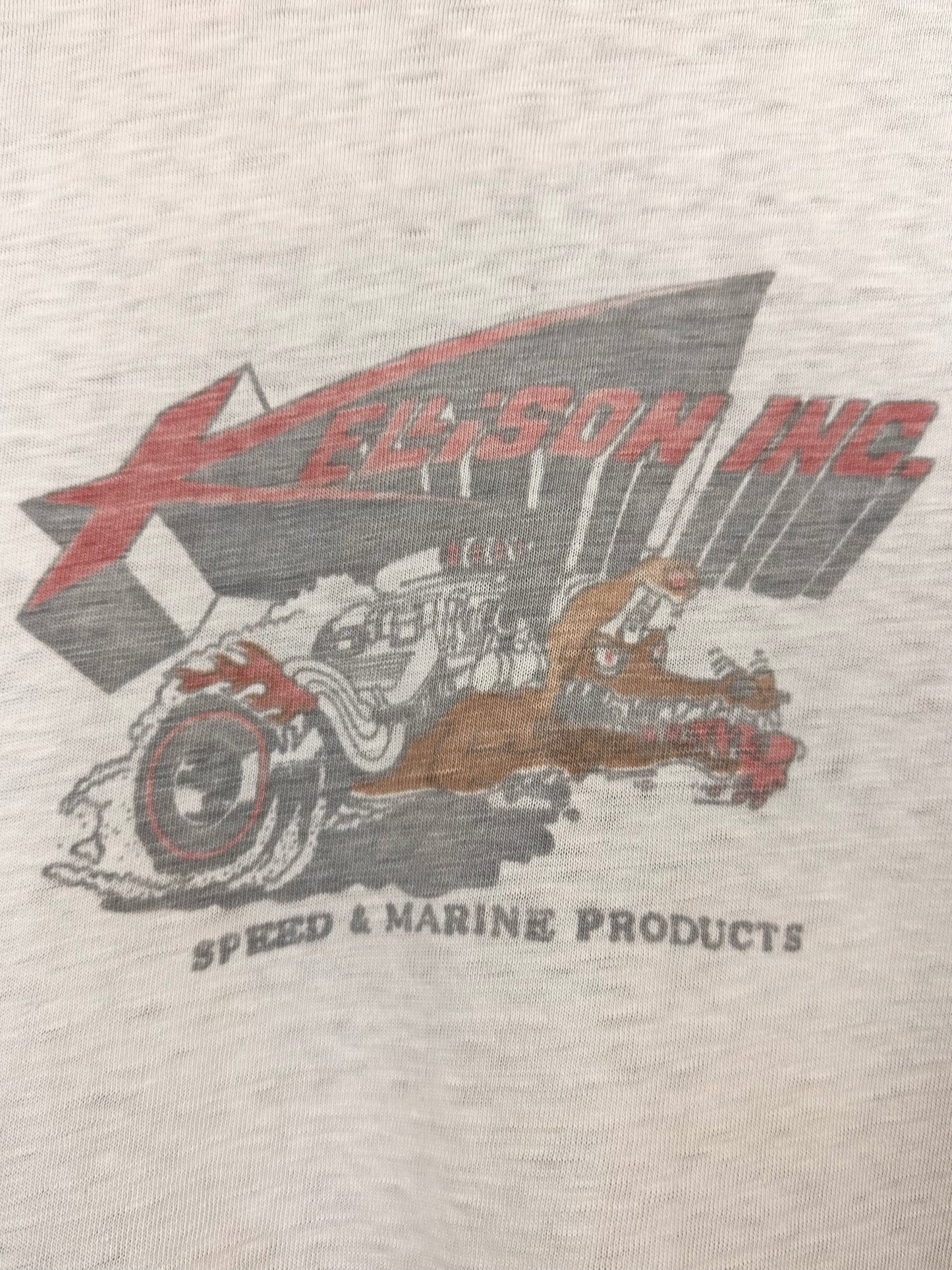 Vintage 60s 1960s KELLISON INC Speed & Marine Products T-Shirt Fiberglass Body Kit Car Hot Rod Drag Racing Speed Shop Mechanic Faded Paper Thin White Hanes Mens Small S 17.25"W 25.25"L