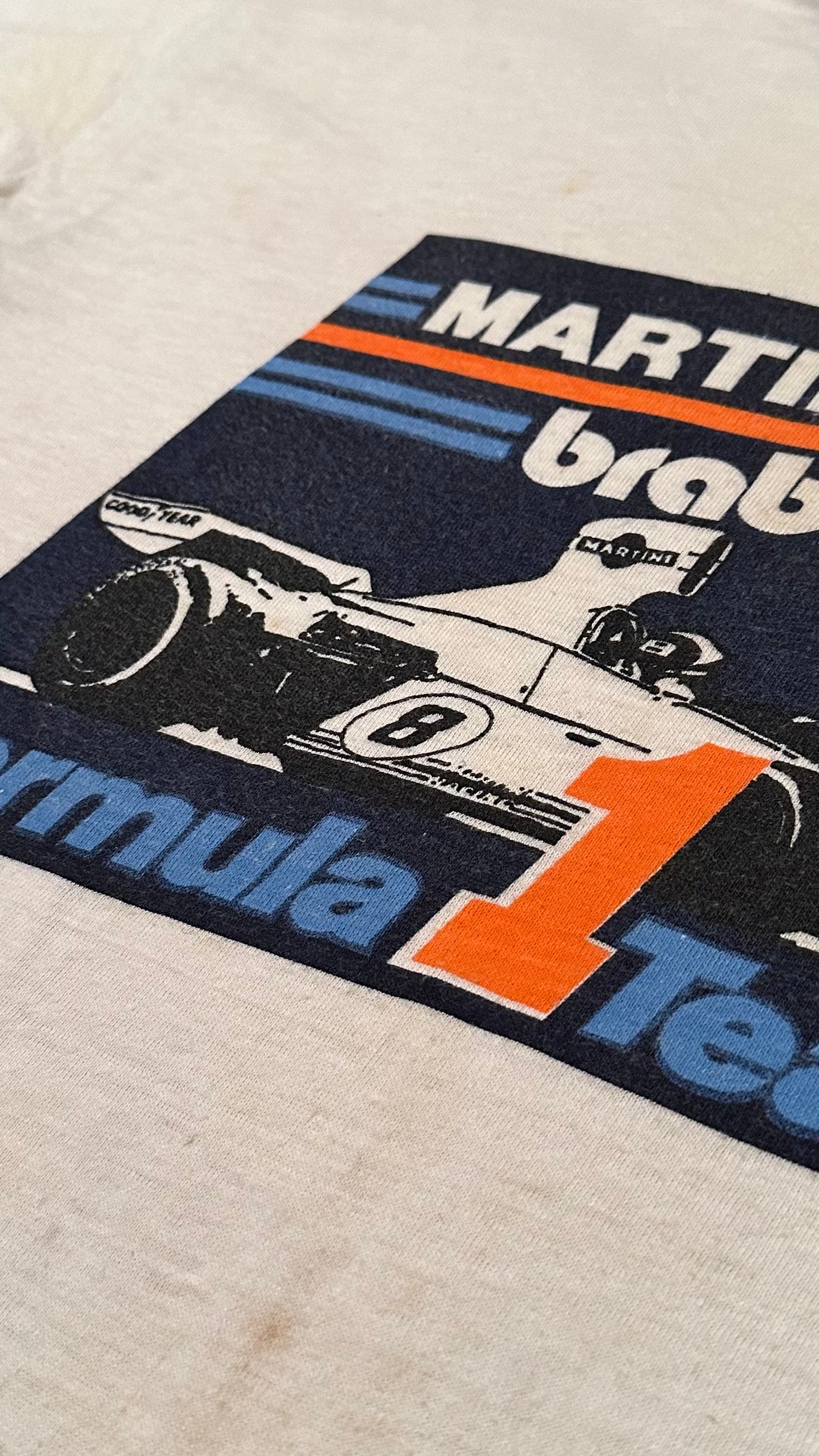 Vintage 70s 1970s MARTINI & ROSSI BRABHAM Formula 1 Team F1 Ringer T SHIRT Formula One BT44B Car Grand Prix Auto Racing Automotive White Hanes Label Mens Large L*******CW