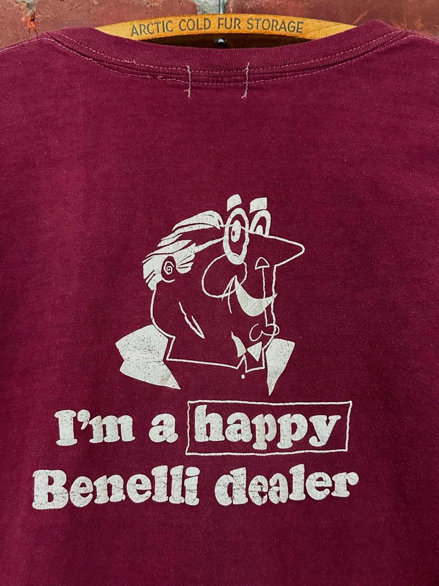 Vintage 50s 1950s BENELLI Motorcycles Dealer Promo Pocket T-Shirt Soft Faded Burgundy Red Victoria Products Mens Extra Small XS