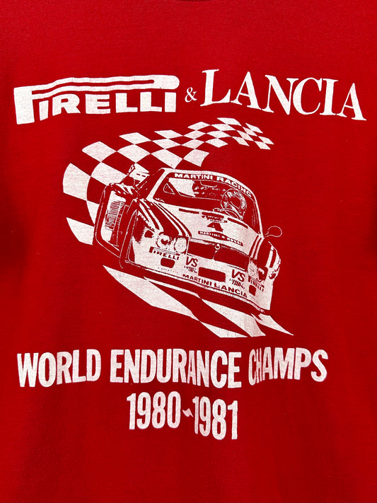 Vintage 80s 1980s 1980-1981 PIRELLI & LANCIA World Endurance Champs T-Shirt Auto Racing Red Mens Large L 20.25x28