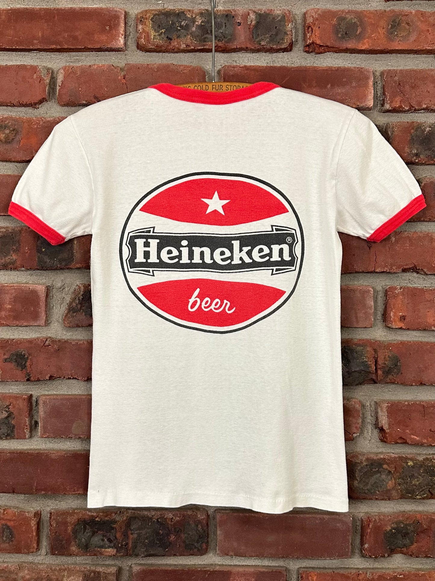 Vintage 70s 1970s HEINEKEN Beer Bier Ringer T-Shirt Dutch Amsterdam Holland Netherlands European Fit White Mens XS Extra Small