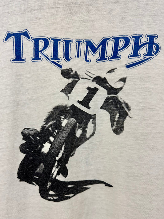 Vintage 70s 1970s Triumph Motorcycles Dealer T-Shirt Wilsons Fresno White Mayo Spruce Label Mens Medium M 19.25x25.5