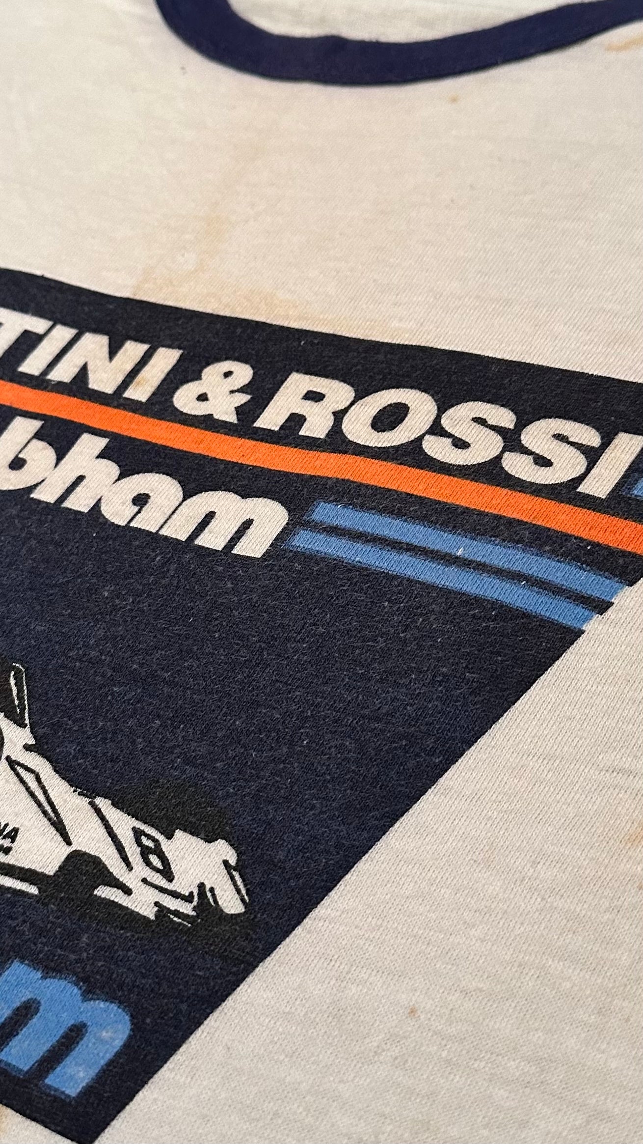 Vintage 70s 1970s MARTINI & ROSSI BRABHAM Formula 1 Team F1 Ringer T SHIRT Formula One BT44B Car Grand Prix Auto Racing Automotive White Hanes Label Mens Large L*******CW