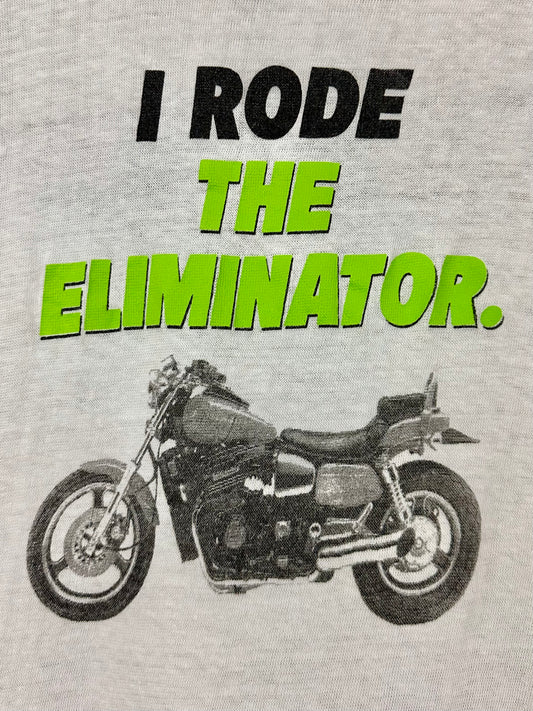 Vintage 80s 1980s 1985 KAWASAKI Motorcycles The Eliminator ZN900 Biker T-Shirt “I Rode The Eliminator” White Mens Medium M 20.25x26