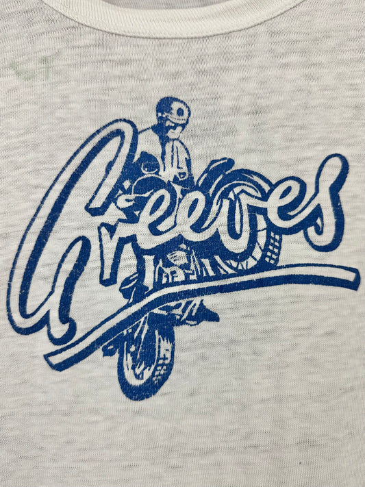 Vintage 50s 1950s GREEVES Motorcycles Biker T-Shirt British Off Road Dirt Bike White Russell Southern Co Label Mens Small S 18x25