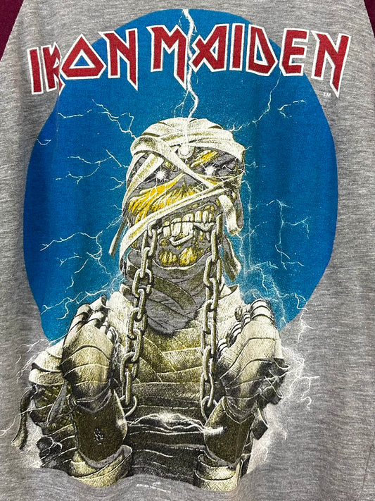 Vintage 80s 1980s 1984-1985 IRON MAIDEN World Slavery Heavy Metal Rock Concert Tour T-Shirt UK Powerslave Gray Burgundy Mens Extra Small XS