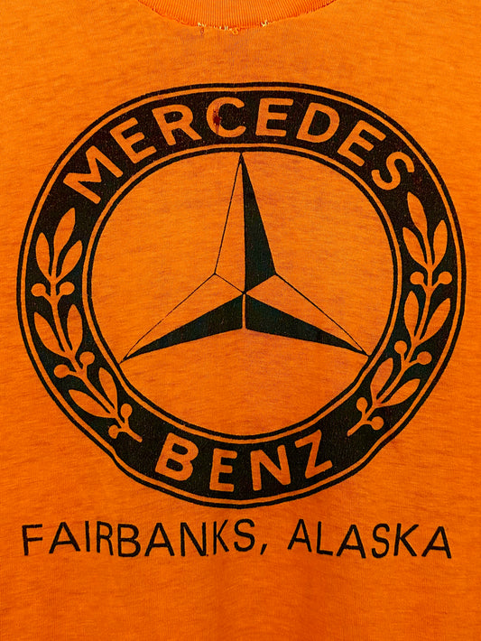 Vintage 70s 1970s MERCEDES-BENZ Dealer T-Shirt Fairbanks Alaska AK Thrashed Paper Thin Burnout Faded Orange Mens Extra Small XS 16.5x25