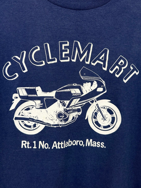 Vintage 80s 1980s CYCLEMART Ducati Motorcycle Dealer T-Shirt North Attleboro Massachussetts Blue Hanes Label Mens Small S 17.75x24.75