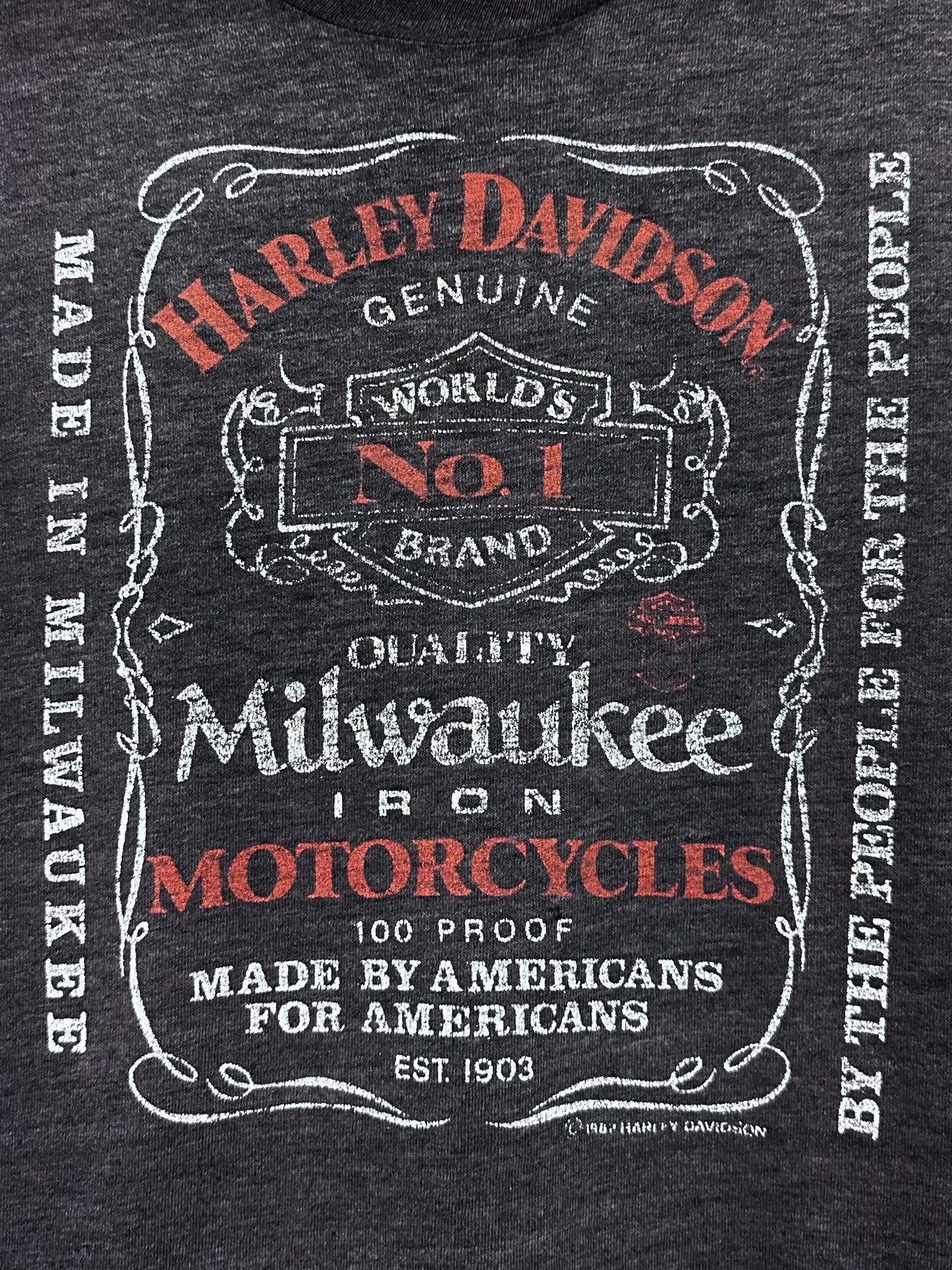 Vintage 80s 1980s 1982 HARLEY DAVIDSON Motorcycles Milwaukee Iron 100 Proof Whiskey Label Sleeveless Biker T-Shirt Tank Top Paper Thin Burnout Faded Black Sunbelt Sportswear Mens Small S 15.25x23.25