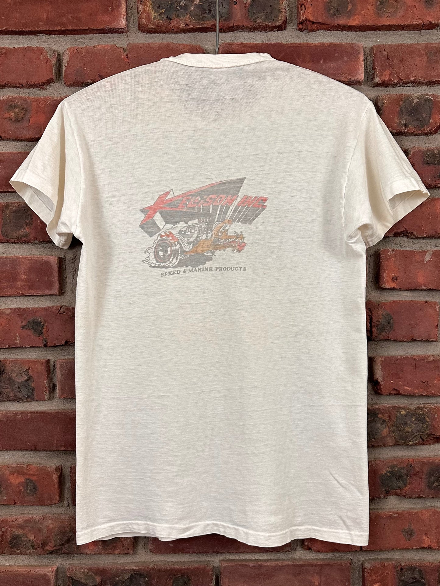 Vintage 60s 1960s KELLISON INC Speed & Marine Products T-Shirt Fiberglass Body Kit Car Hot Rod Drag Racing Speed Shop Mechanic Faded Paper Thin White Hanes Mens Small S 17.25"W 25.25"L