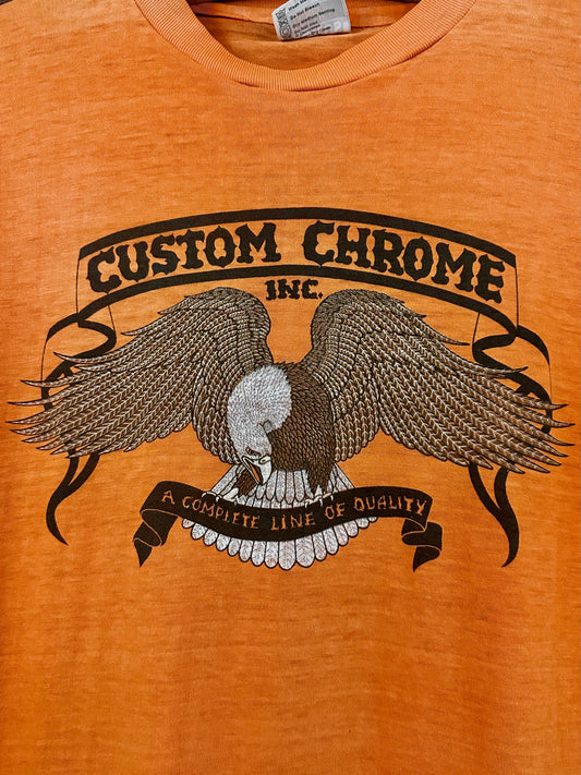 Vintage 80s 1980s CUSTOM CHROME INC Motorcycle Dealer T-Shirt Speed Shop Accessories Orange Hanes Mens Small S