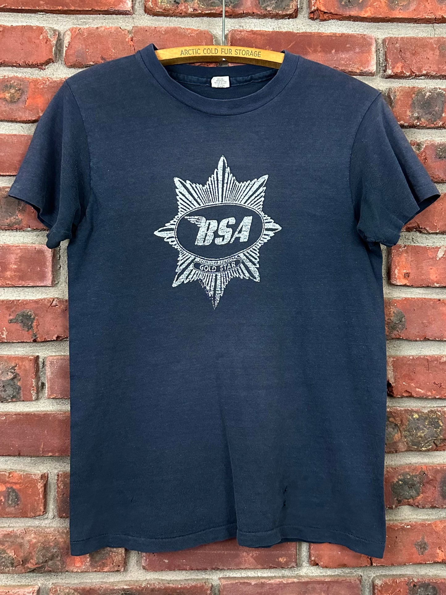 Vintage 70s 1970s BSA Gold Star Motorcycles T-Shirt Biker Hanes Faded Navy Blue Mens Small S