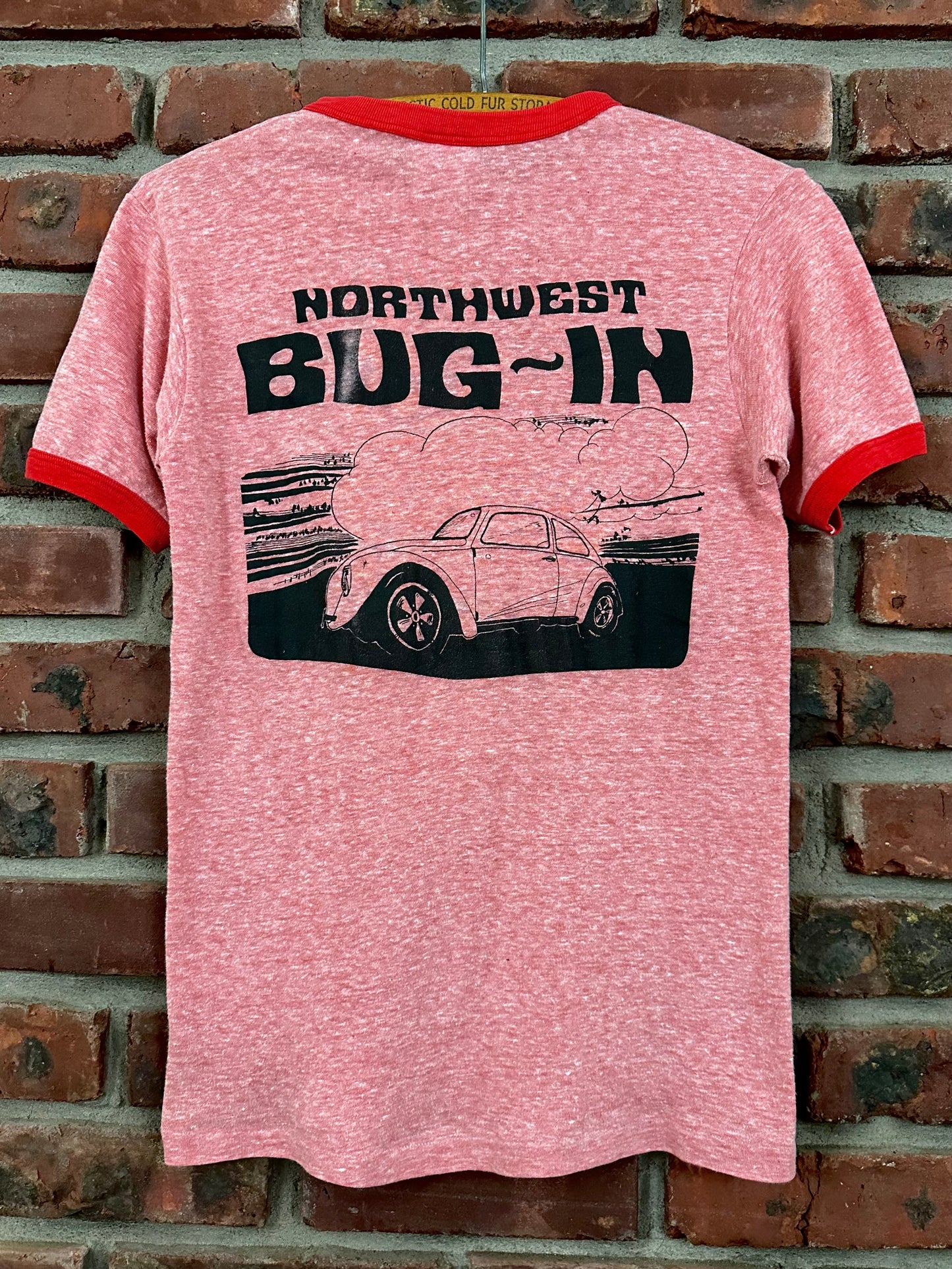 Vintage 80s 1980s NORTHWEST BUG IN Volkswagen VW Beetle Ringer T SHIRT Owners Meet Car Show Rally Automotive Auto Faded Heather Red Hanes Mens