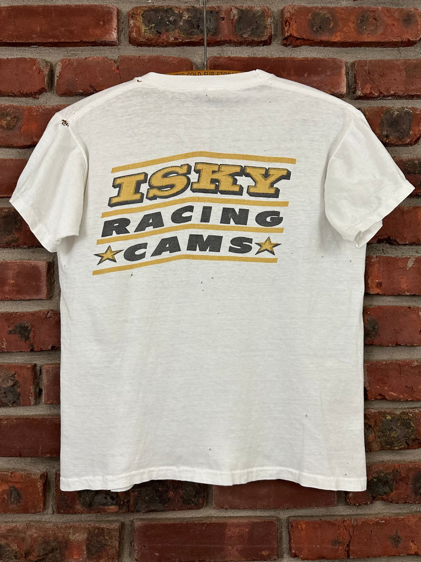 Vintage 60s 1960s 1969 ISKY CAMS Bonneville Nationals Sponsor T-Shirt SCCTA Iskenderian Camshafts Hot Rod Drag Racing Thrashed Distressed White Russell Mens Extra Small XS 18.5"W 22.5"L