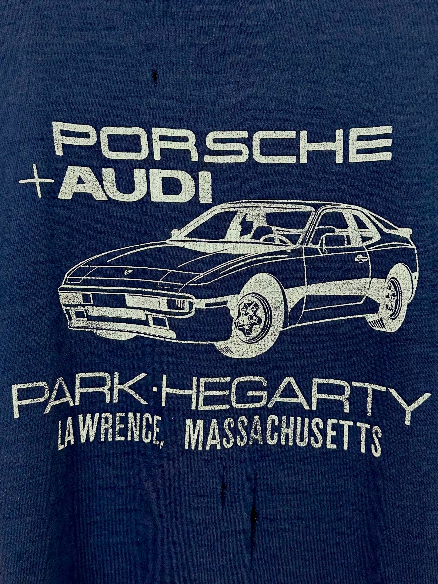 Vintage 80s 1980s PORSCHE AUDI Dealer T-Shirt 944 Coupe “Nothing Even Comes Close” Blue Sportswear Label Mens Small S